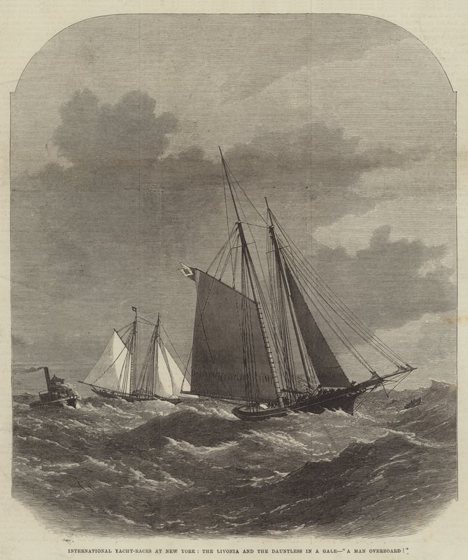 Internationale Yacht-kapløb i New York, Livonia og de Dauntless i en kuling, en mand over bord! af Edwin Weedon