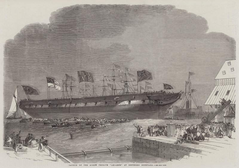 Lancering af skruefregatten Ariadne på Deptford Dockyard af Edwin Weedon