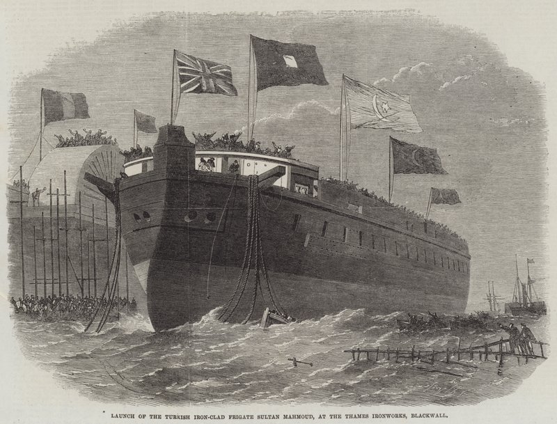 Søsætning af den tyrkiske jernklædte fregat Sultan Mahmoud på Thames Ironworks, Blackwall af Edwin Weedon