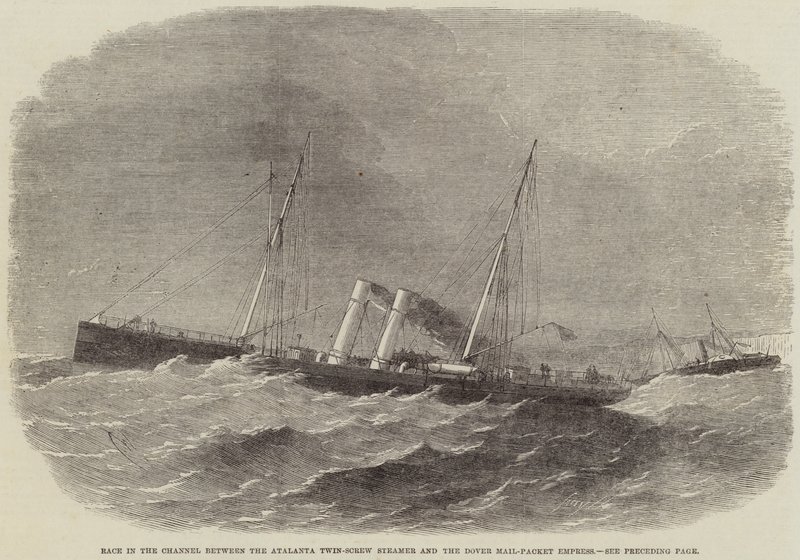 Kapløb i kanalen mellem Atalanta Twin-Screw Steamer og Dover Mail-Packet Empress af Edwin Weedon