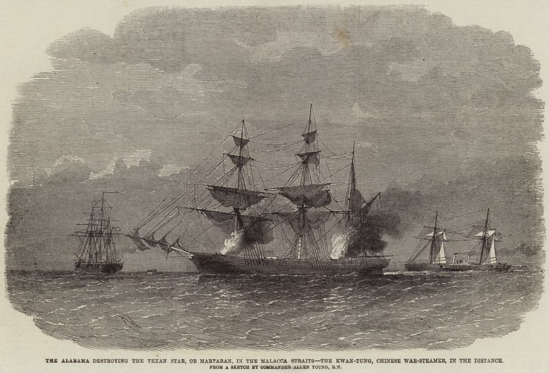 Alabama ødelægger Texan Star eller Martaban i Malacca-strædet, Kwan-Tung, kinesisk krigsdamper i det fjerne af Edwin Weedon