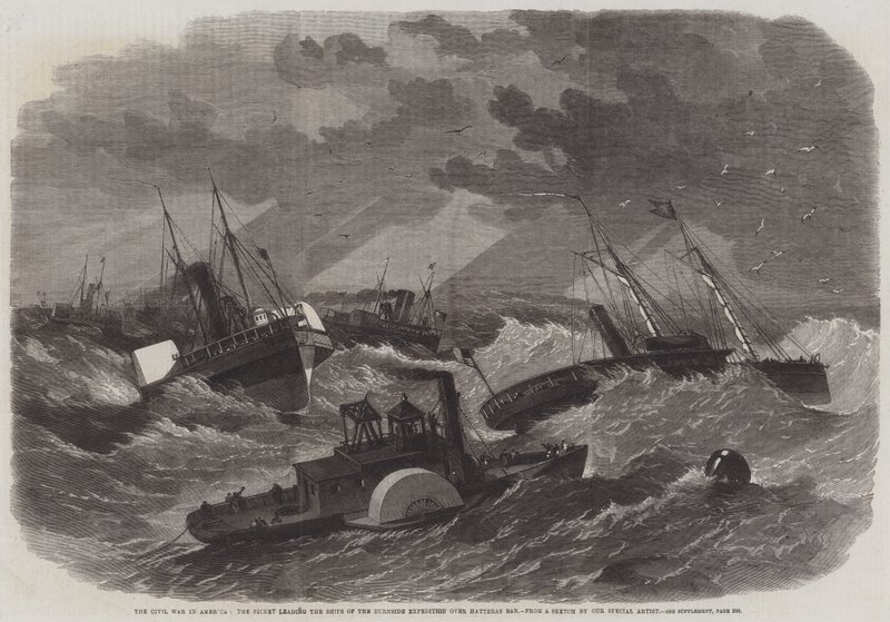 Borgerkrigen i Amerika, picketen, der leder Burnside-ekspeditionens skibe over Hatteras Bar af Edwin Weedon