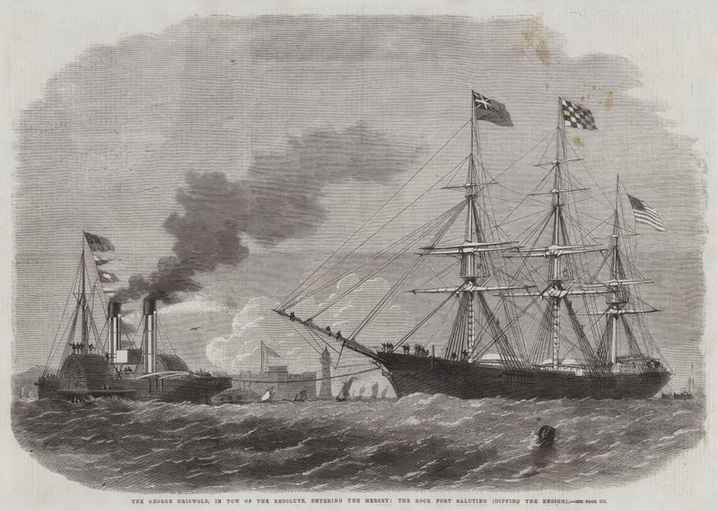 George Griswold, i retning af Resolute, på vej ind i Mersey, Rock Fort saluterer og dypper fanevognen af Edwin Weedon