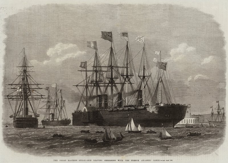 Det store østlige dampskib forlader Sheerness med det franske atlanterhavskabel af Edwin Weedon