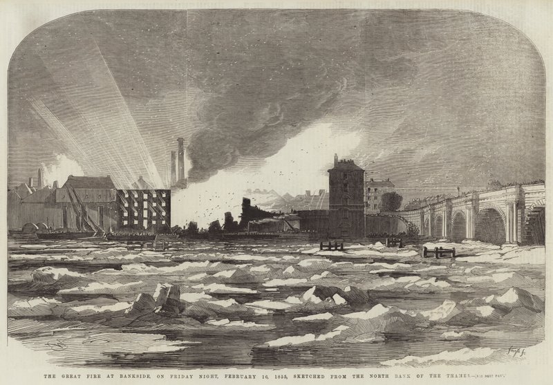 Den store brand ved Bankside, fredag aften den 16. februar 1855, skitseret fra Themsens nordlige bred af Edwin Weedon
