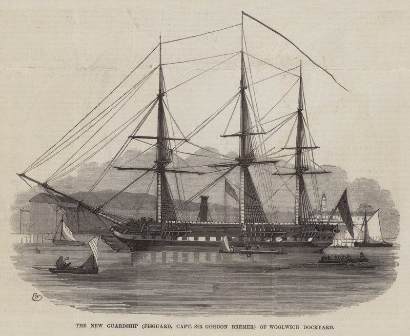 The New Guardship (Fisguard, Kaptajn Sir Gordon Bremer) fra Woolwich Dockyard af Edwin Weedon