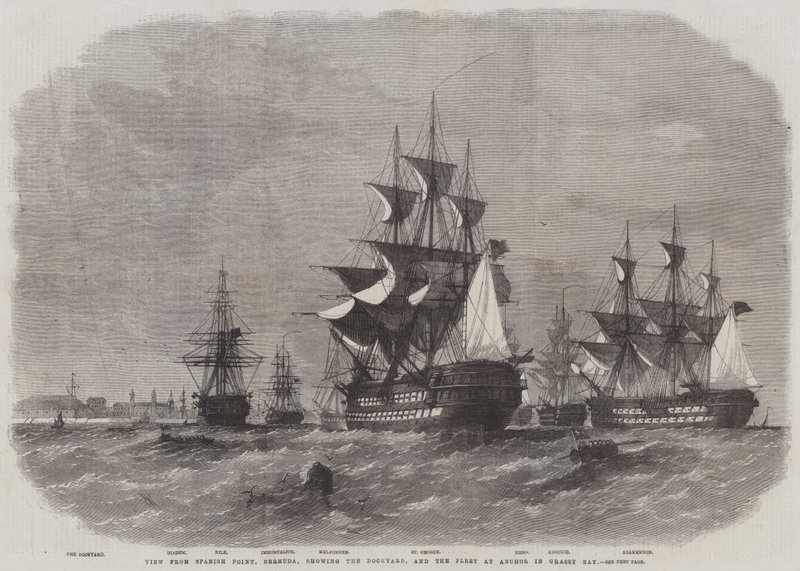 Udsigt fra Spanish Point, Bermuda, der viser værftet og flåden ved anker i Grassy Bay af Edwin Weedon