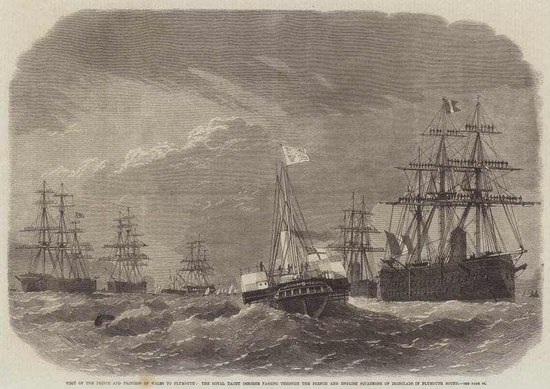 Besøg af prinsen og prinsessen af Wales til Plymouth, Royal Yacht Osborne, der passerer gennem de franske og engelske eskadroner af Ironclads i Plymouth Sound af Edwin Weedon