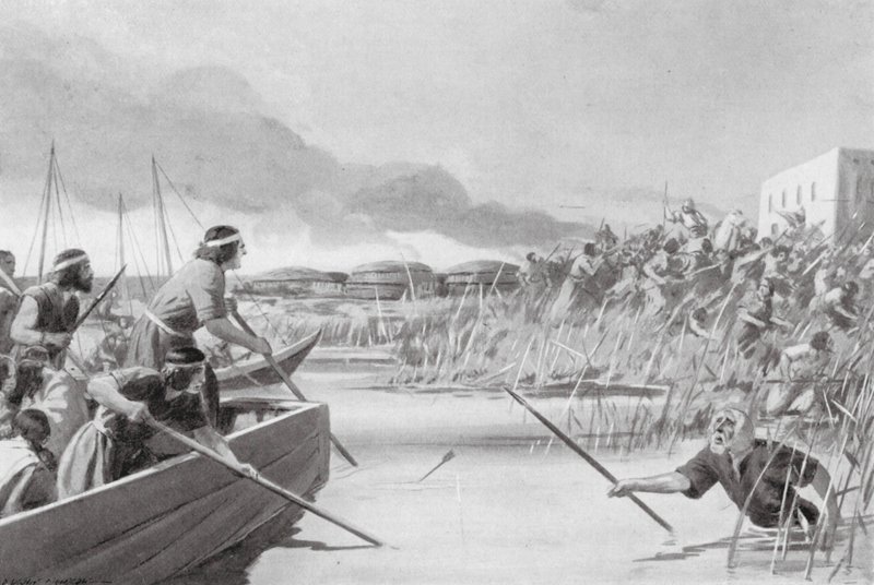 Kassitternes erobring af havlandet (litografi) af Edwin A. Morrow