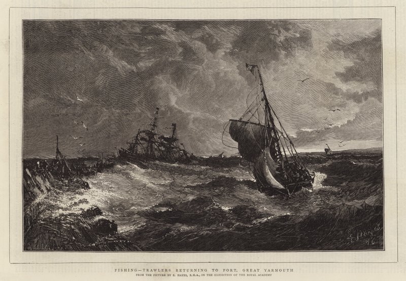 Fiskeri, trawlere vender tilbage til Port, Great Yarmouth af Edwin Hayes