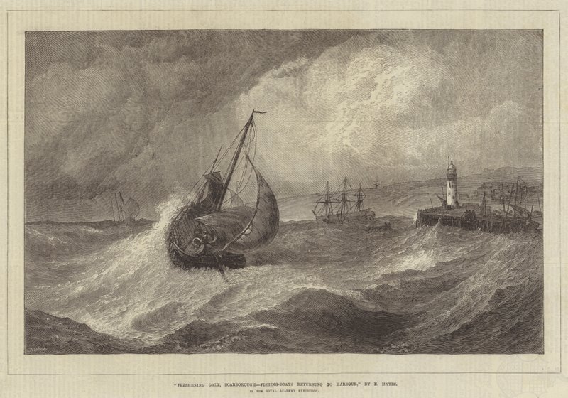 Freshening Gale, Scarborough, Fiskerbåde vender tilbage til havnen i Royal Academy Exhibition af Edwin Hayes