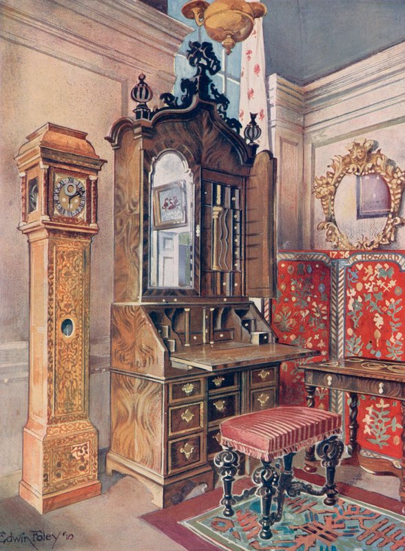 En gruppe møbler fra begyndelsen af det attende århundrede. Skrutoire med kabinetplade af valnøddetræ. Indlagt ur af sycamore ("gul"). Caeved Tabouret af Edwin John Foley