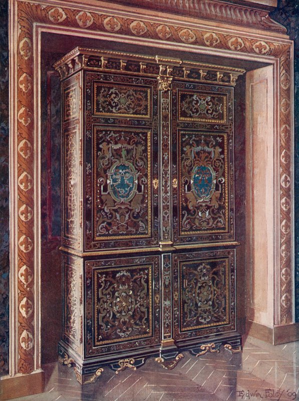 Armoire i Ibenholt med indlæg af indgraveret messing og hvidmetal. Chased Ormolu monteringer. Det kongelige monogram af L