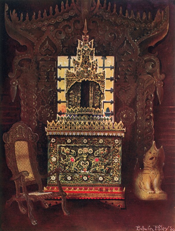 Asiatiske møbler fra samlingen af Lord Curzon fra Kedleston, G.C.S.I., D.C.L. osv. Burmesisk udskåret og forgyldt døråbning fra Mandalay. Buddhistisk manuskriptæske (Poongyi) og helligdom (Sadaik) af træ E af Edwin John Foley