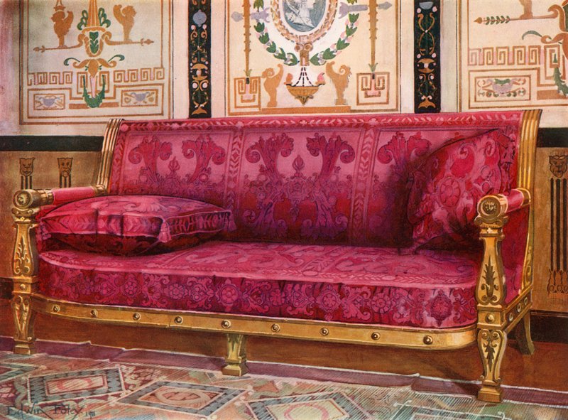 Udskåret forgyldt sofa betrukket med rosa brokade de Lyons af Edwin John Foley