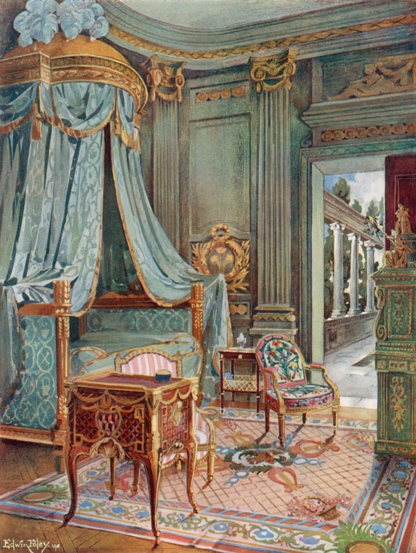 Udskåret og forgyldt draperet kuppelseng. Bureau-Toilette (Eller Petit Secretaire) i Marqueterie. Kartonnier i grøn lak af Edwin John Foley