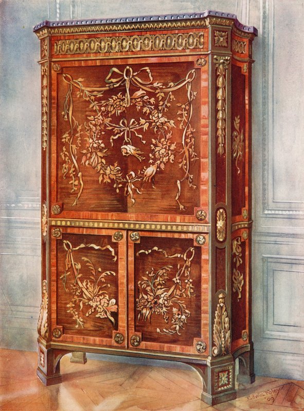 Indlagt Ormolu-monteret opretstående Secretaire of Sycamore, Tulip, Kingwood, Holly, and Other Woods - Naturlig og farvet af Edwin John Foley