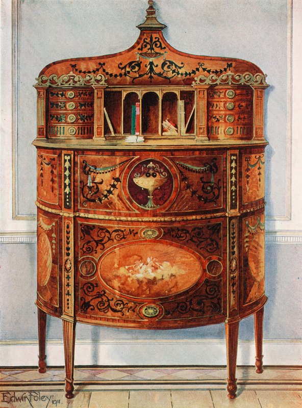 Indlagt og malet Satinwood Skrivebordsskab, Ormolu monteret af Edwin John Foley