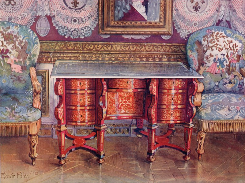 Knæhulsskrivebord i rød skildpaddeskal og lakståltop. Boulle. Forgyldte Fauteuils, betrukket med gobelin af Edwin John Foley