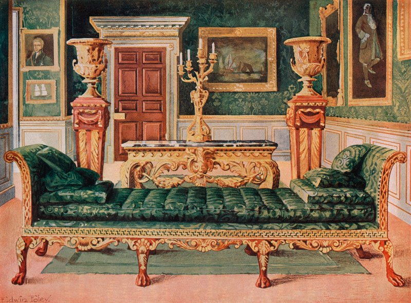 Mahogni og forgyldt georgisk suite i galleriet og den grønne tegnestue på Longford Castle af Edwin John Foley