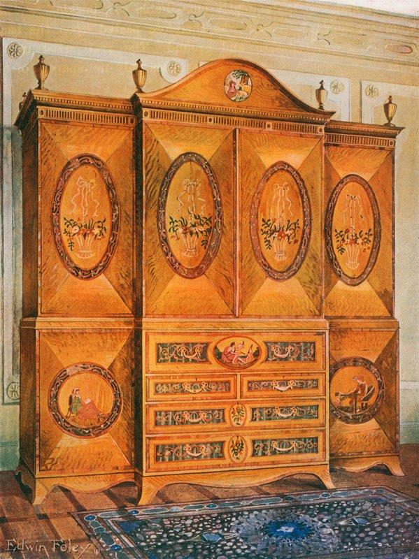 Satinwood garderobe, indlagt med tulipantræ, harewood, Holly, Ibony, Mahogni og andre træsorter af Edwin John Foley