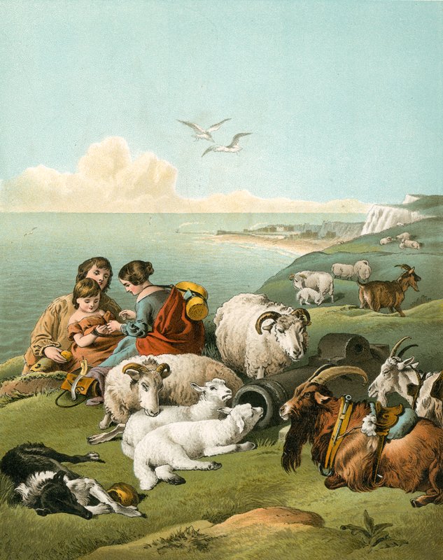 Børn leger med får og geder på hvide klipper af Edwin Landseer