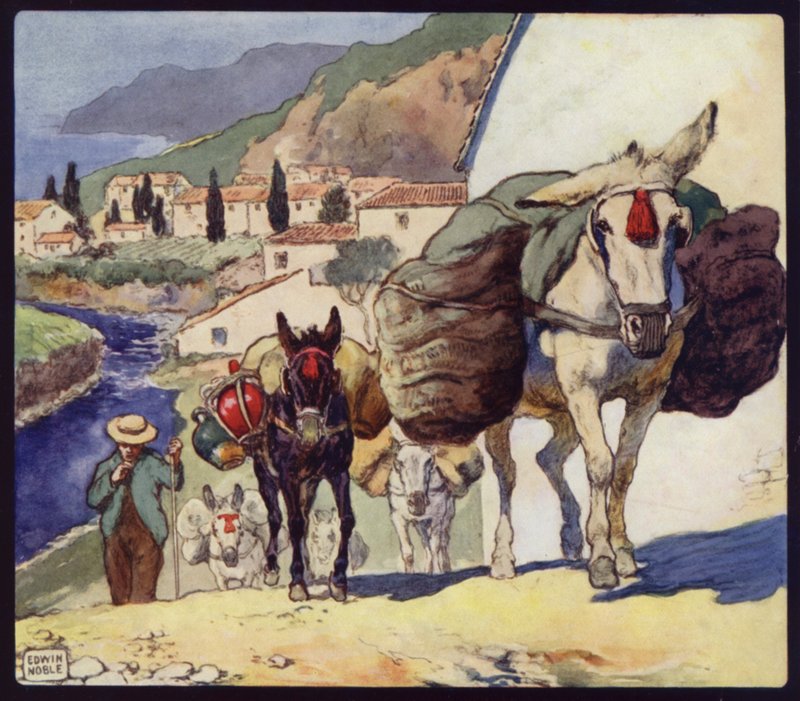 Muldyr på et spansk pas (farve litho) af Edwin Noble