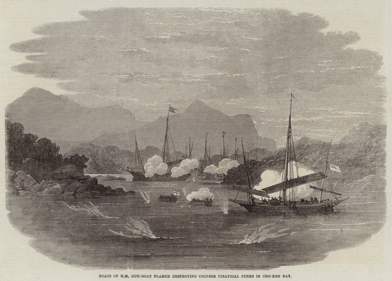 Både af HM Gun-Boat Flamer ødelægger kinesiske piratiske junks i Cho-Kee Bay af Edwin Weedon
