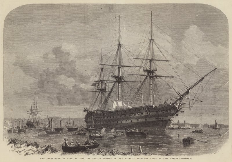 HMS Agamemnon, 91 kanoner, sender den engelske del af det atlantiske ubådskabel ved East Greenwich af Edwin Weedon