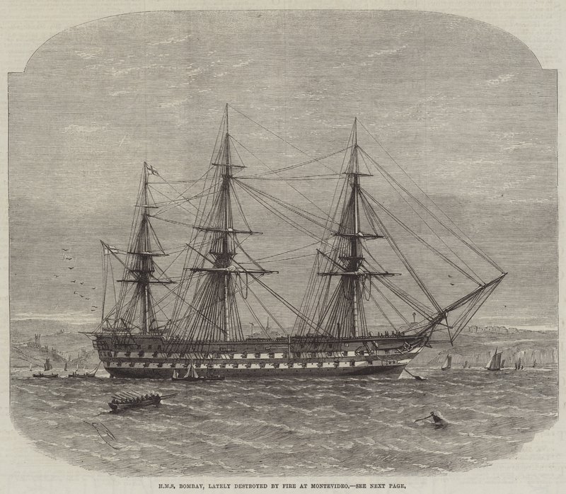 HMS Bombay, som for nylig blev ødelagt ved en brand i Montevideo af Edwin Weedon
