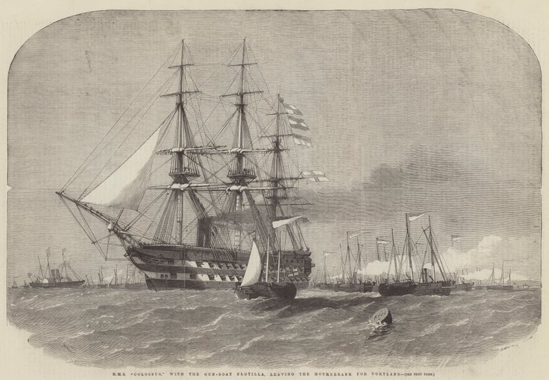 HMS Colossus, med kanonbådsflotillen, forlader Motherbank til Portland af Edwin Weedon