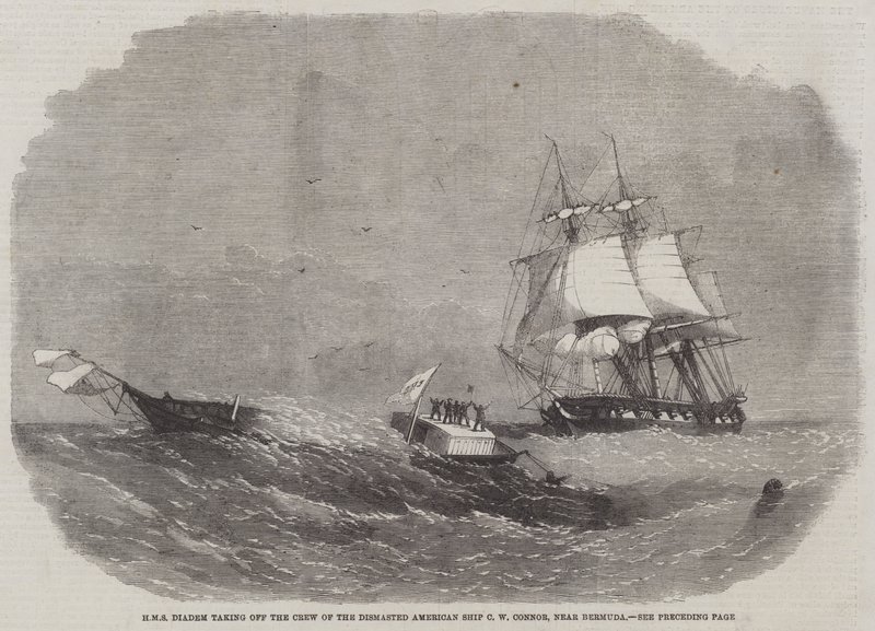 HMS Diadem tager afsted med besætningen på det dismasted amerikanske skib C W Connor, nær Bermuda af Edwin Weedon