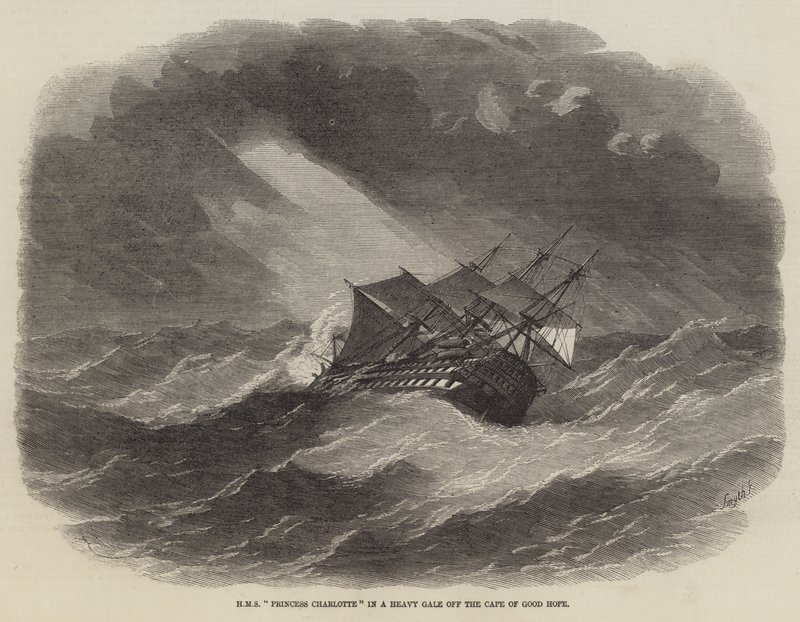 HMS Prinsesse Charlotte i en kraftig kuling ud for Kap det Gode Håb af Edwin Weedon