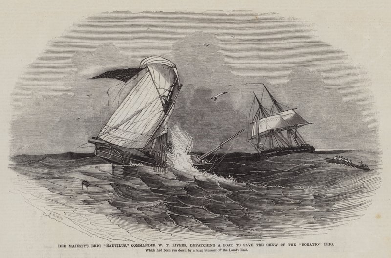 Hendes Majestæts brigade Nautilus, kommandør W T Rivers, sender en båd ud for at redde besætningen på Horatio Brig af Edwin Weedon