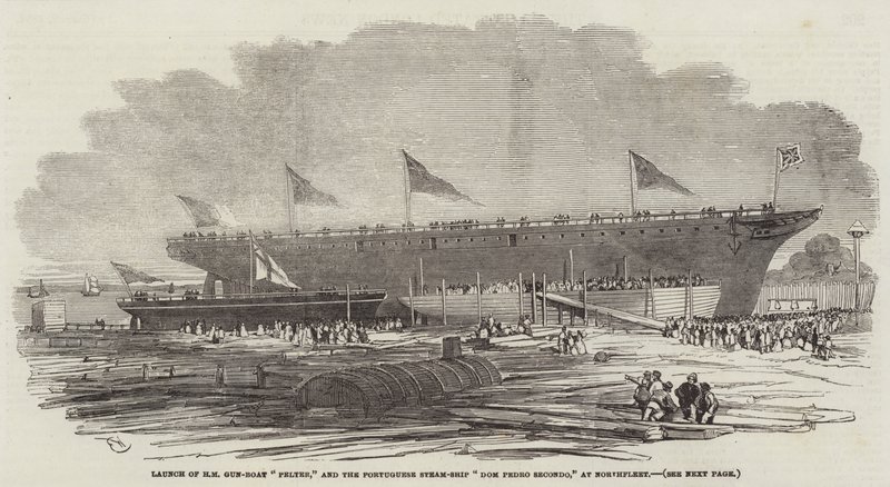 Lancering af HM Gun-Boat Pelter og det portugisiske dampskib Dom Pedro Secondo ved Northfleet af Edwin Weedon