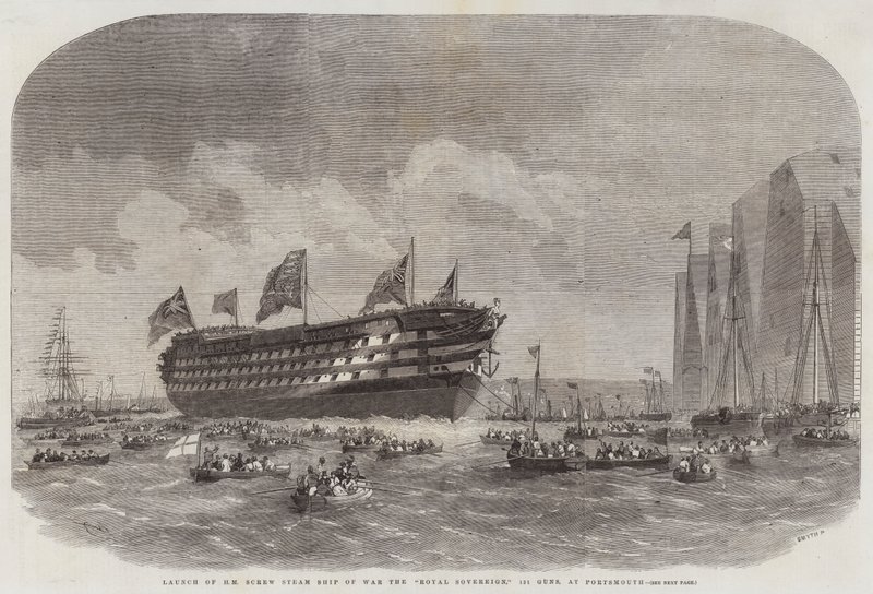 Lancering af HM Screw Steam Ship of War the Royal Sovereign, 131 Guns, i Portsmouth af Edwin Weedon