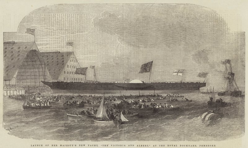 Lancering af Hendes Majestæts nye yacht, Victoria and Albert, på Royal Dockyard, Pembroke af Edwin Weedon