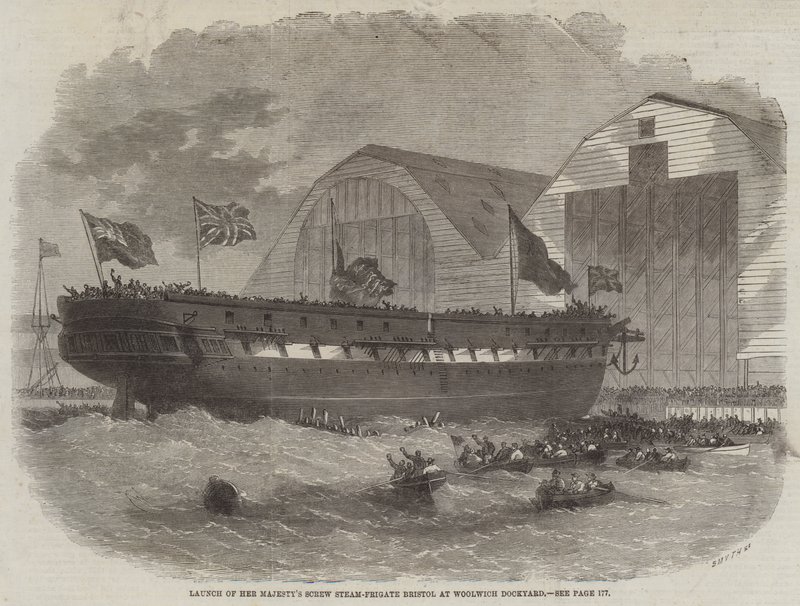 Søsætning af Hendes Majestæts skrue-dampskib Bristol på værftet i Woolwich af Edwin Weedon