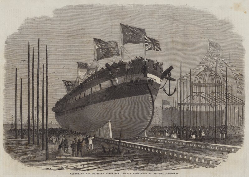 Lancering af Hendes Majestæts Steam-Ram Fregat modstand ved Millwall af Edwin Weedon