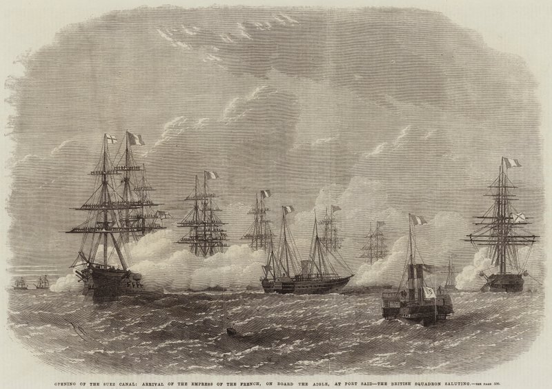 Åbning af Suez-kanalen, ankomst af franskmændenes kejserinde om bord på Aigle, ved Port Said, den britiske eskadrille hilser af Edwin Weedon