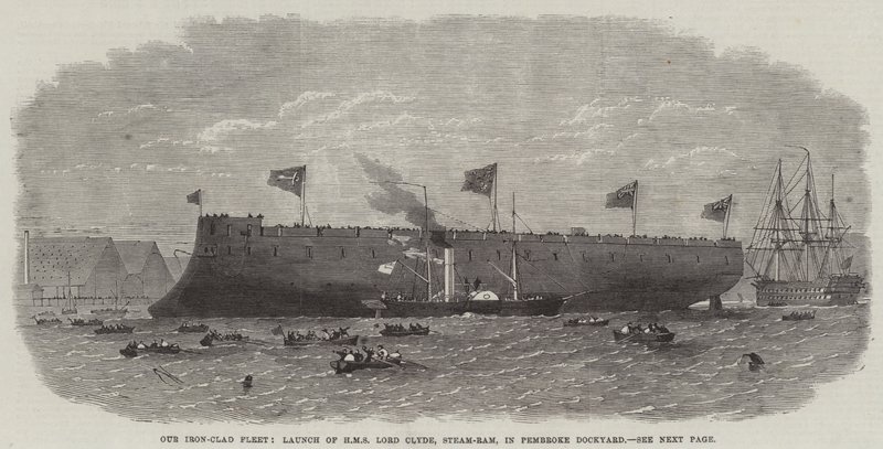 Vores jernbeklædte flåde, lancering af HMS Lord Clyde, Steam-Ram, i Pembroke Dockyard af Edwin Weedon