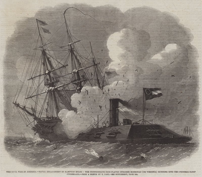 Borgerkrigen i Amerika, flådeengagement i Hampton Roads, det konfødererede jernbelagte dampskib Merrimac (eller Virginia), der løber ind i Federal Sloop Cumberland af Edwin Weedon
