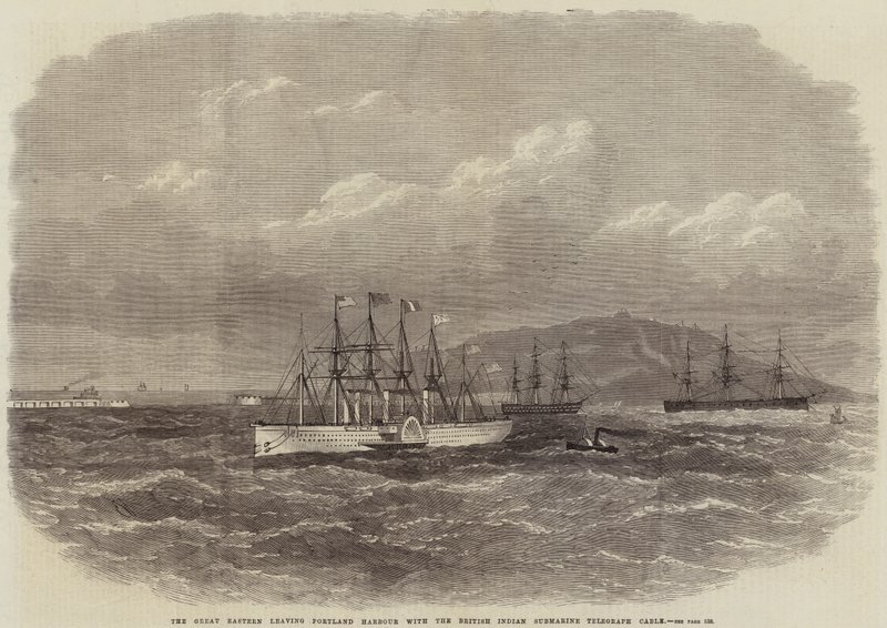 Great Eastern forlader Portland Harbour med British Indian Submarine Telegraph Cable af Edwin Weedon
