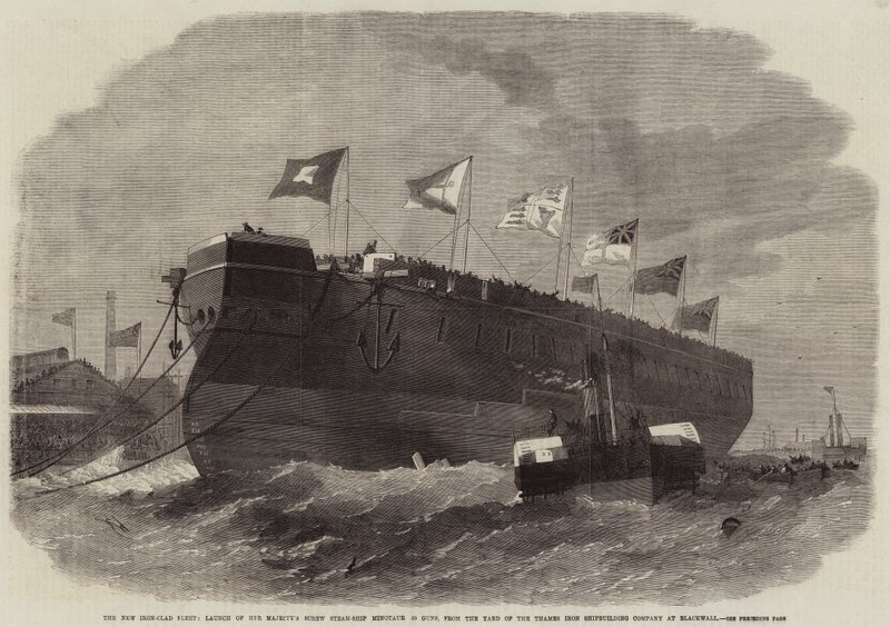 Den nye jernbeklædte flåde, lancering af Hendes Majestæts skruedampskib Minotaur 50 kanoner, fra Yard of the Thames Iron Shipbuilding Company ved Blackwall af Edwin Weedon