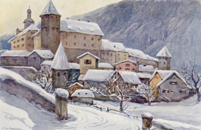 Rhinen: Chur, Coire, Biskoppens palads (farvelitografi) af Effie Jardine