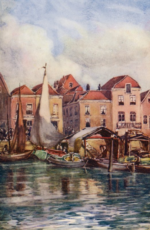 Rhinen: Dordrecht, Fiskemarkedet (farvelitografi) af Effie Jardine