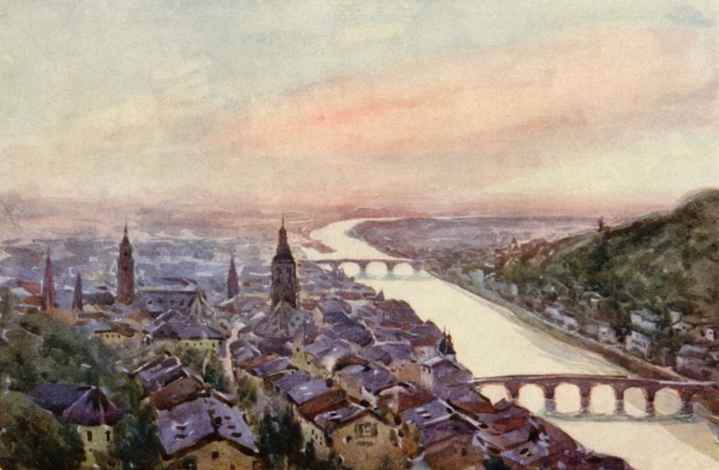 Rhinen: Heidelberg og Neckar (farvelitografi) af Effie Jardine