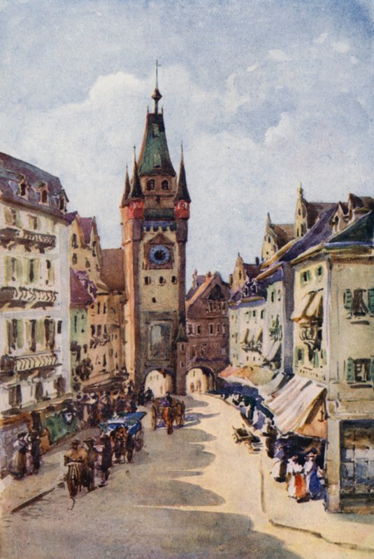 Rhinen: Det gamle tårn, Freiburg-im-Breisgau (farvelitografi) af Effie Jardine