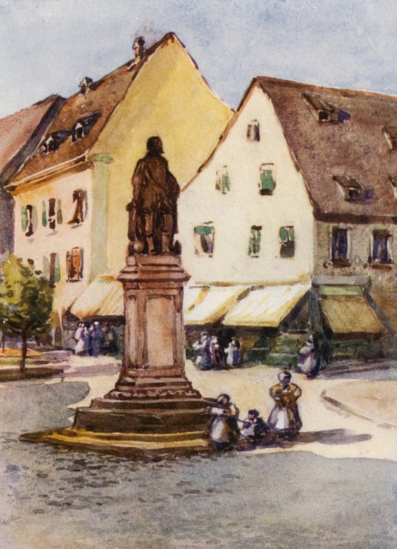 Rhinen: Statue af Sir Francis Drake, Offenburg (farvelitografi) af Effie Jardine