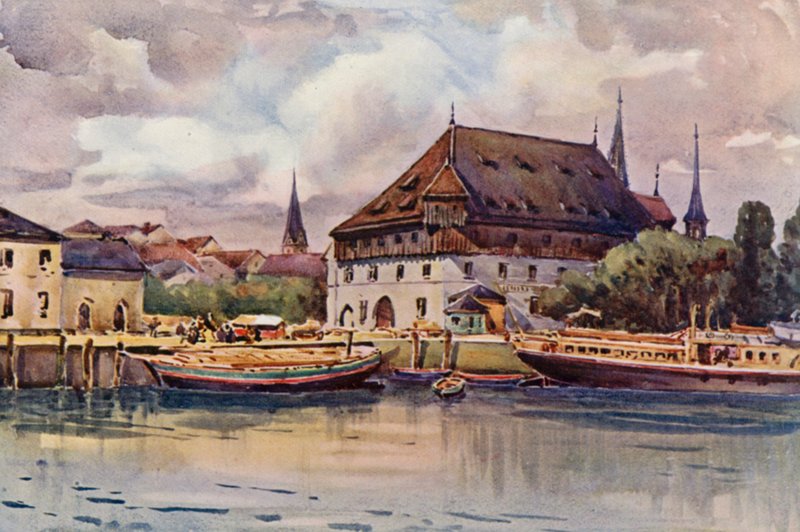 Rhinen: Rådhuset, Konstanz (farvelitografi) af Effie Jardine